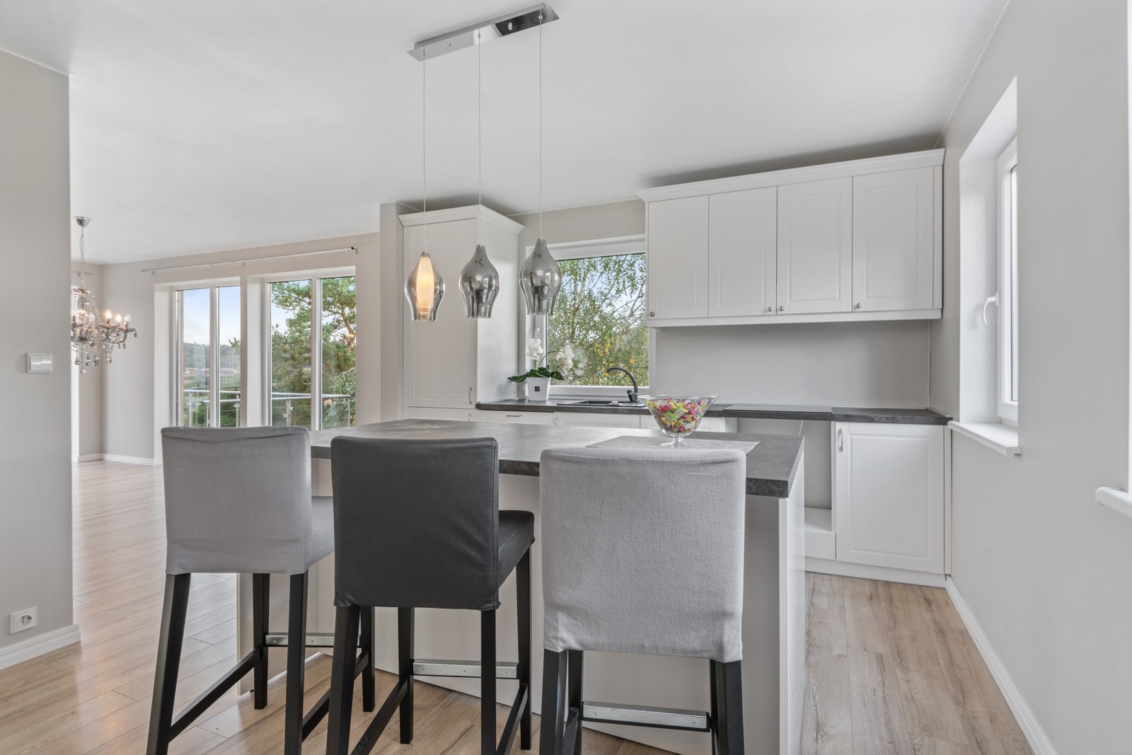 Integrert platetopp, oppvaskmaskin og kjøleskap med frys. Galleribilde