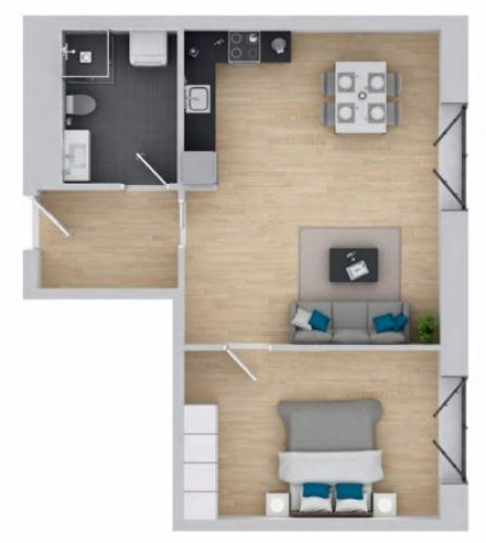 Planskisse fra salgsoppgave med leilighetens utforming. Hems ligger i arealet over entré og bad. Galleribilde