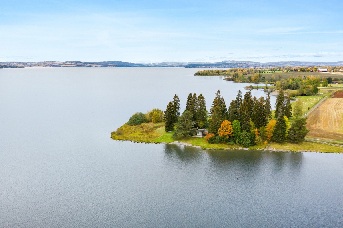 Eiendommens fritidsbolig ligger lunt og usjenert til langs Mjøsa Galleribilde