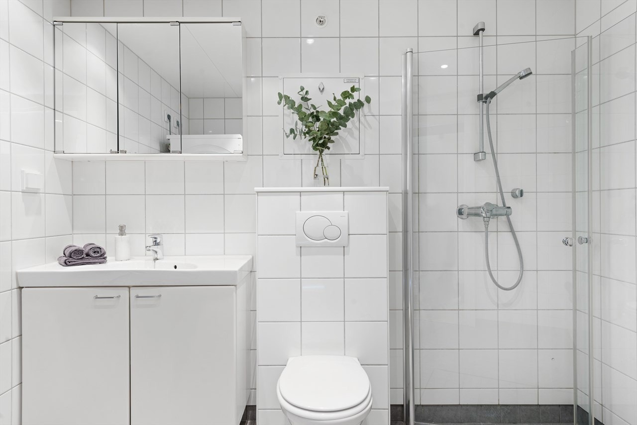 Innredningen består av heldekkende servant på benkeseksjon med glatte fronter, speilskap, vegghengt toalett og dusj i hjørne bak svingbare glassvegger. Det er opplegg for vaskemaskin og tørketrommel. Galleribilde