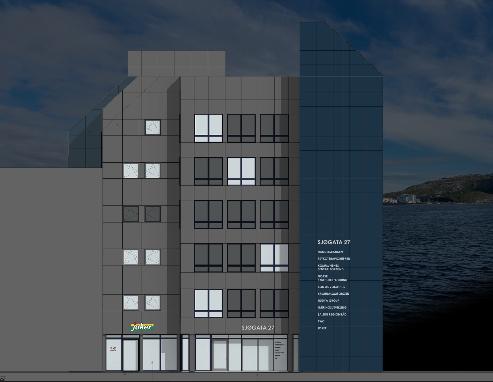 Ny fasade mot Sjøgata - Kveld Galleribilde