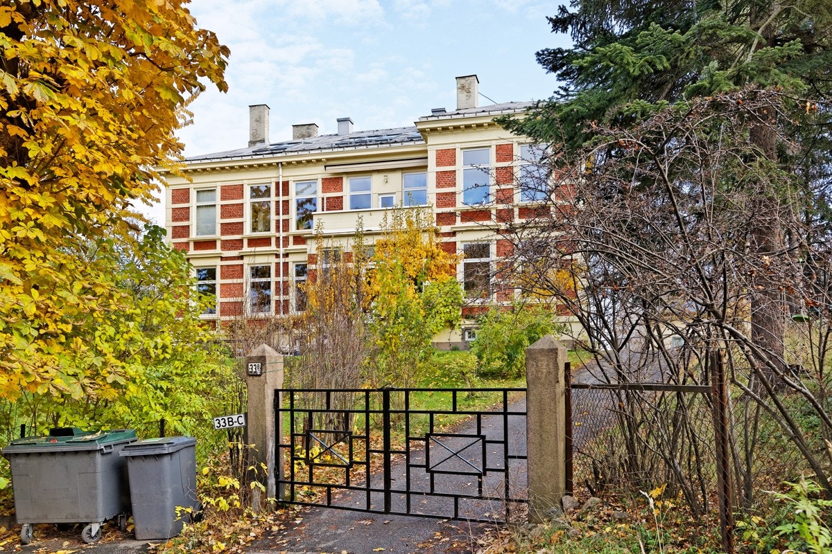 Hovedfasaden mot veien. Felles skogen til høyre og den flott hagen til venstre. Galleribilde