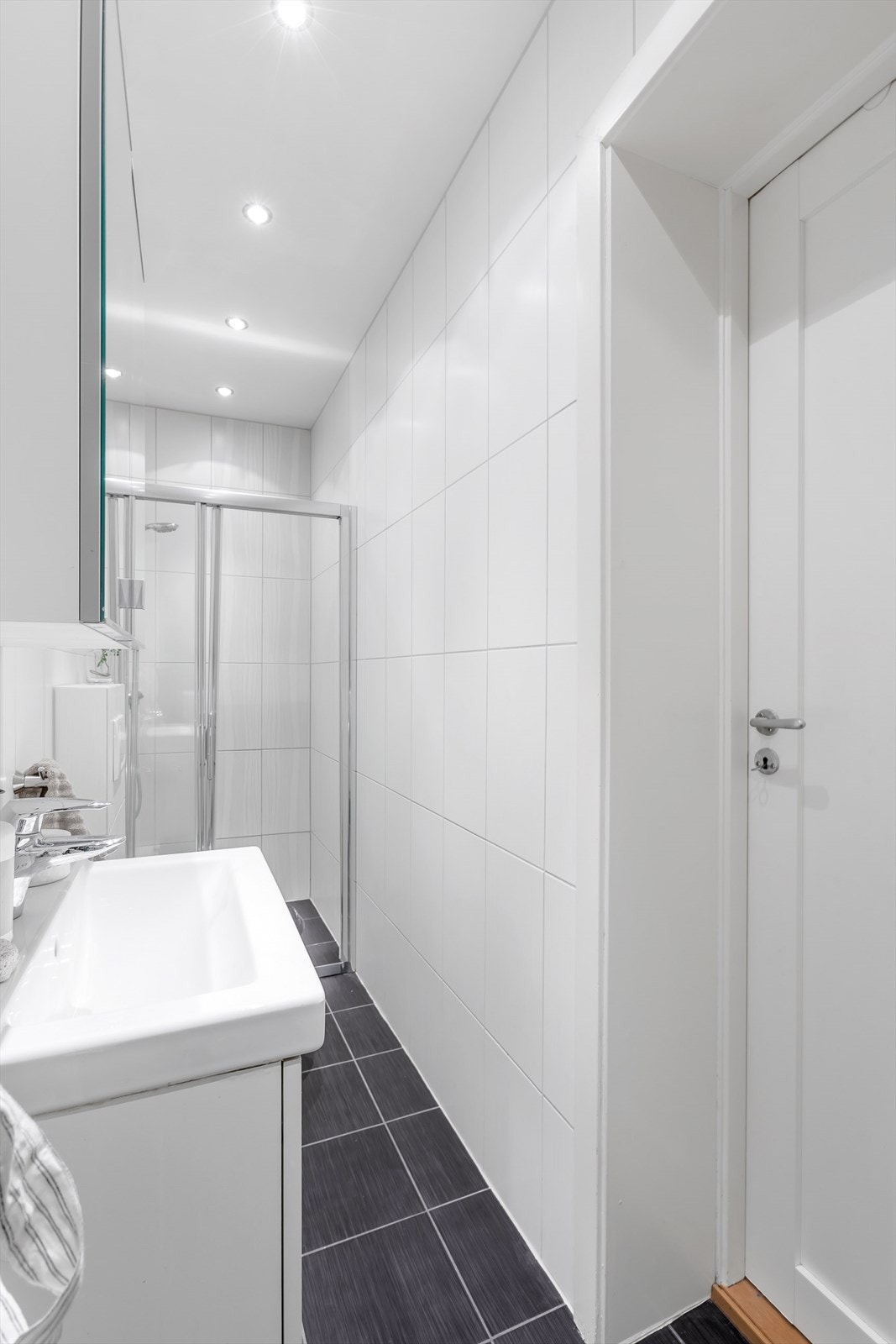 Badet er innredet med dusj, servant med underskap, speilskap og toalett Galleribilde