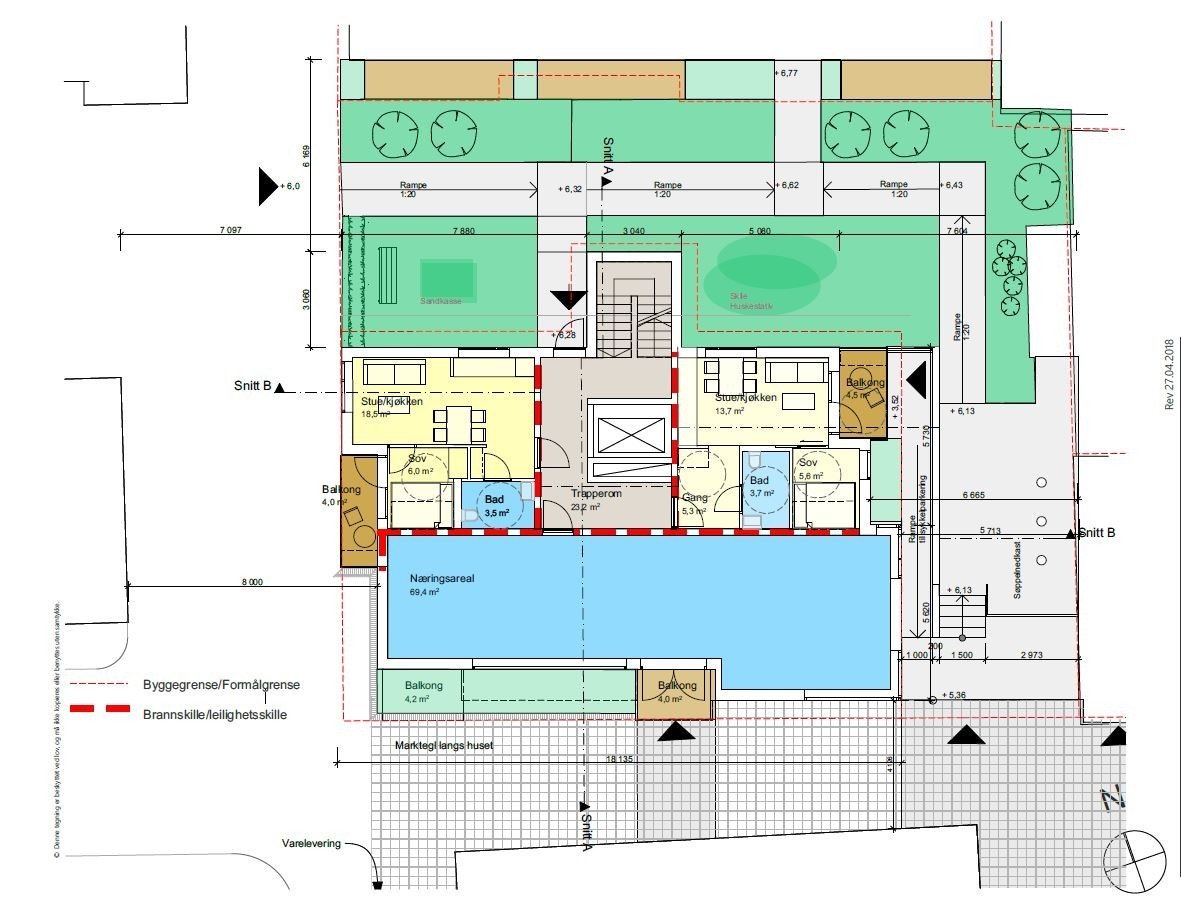 Plantegning. Blått område er næring. Inngang fra sør Galleribilde