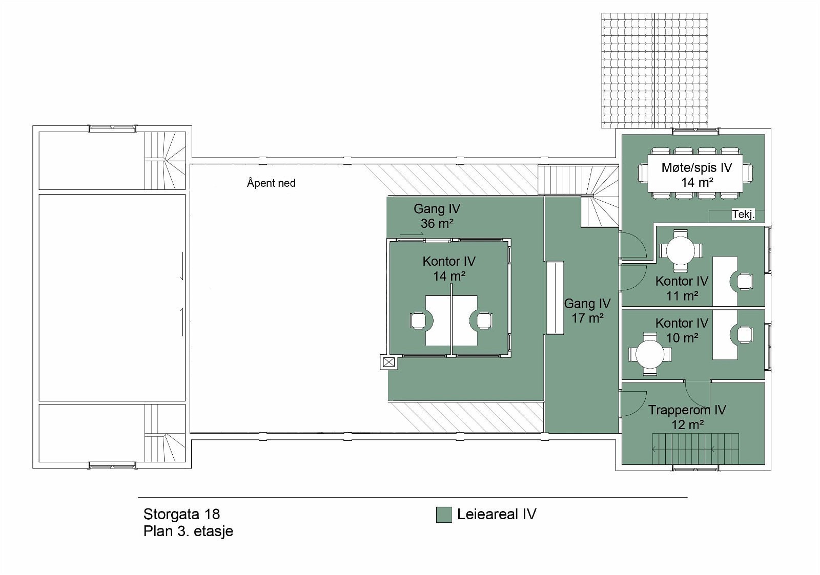 Plantegning 3. etasje. Arealet til leie er merket med grønt Galleribilde