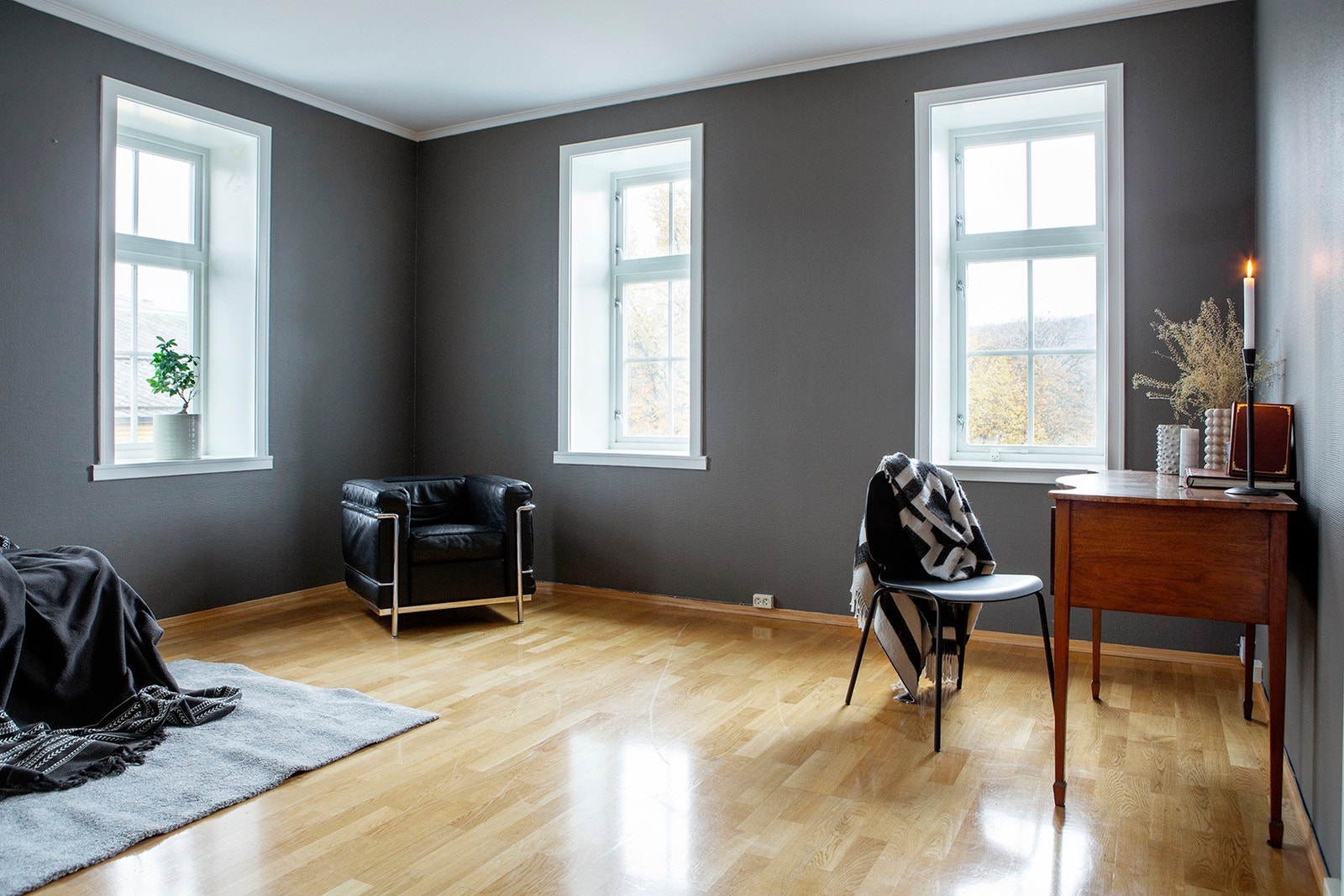 Et spennende rom med rikelig lysinnslipp fra 4 identiske vinduer. Galleribilde