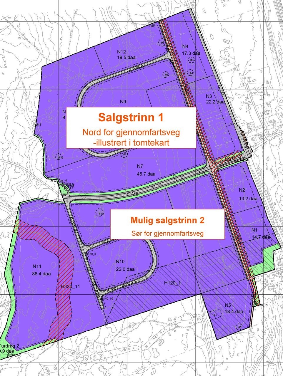 Første salgstrinn er nord for gjennomfartsvegen. Store deler av området sør for vegen er også tilgjengelig for salg, men er ikke tilført infrastruktur. Galleribilde