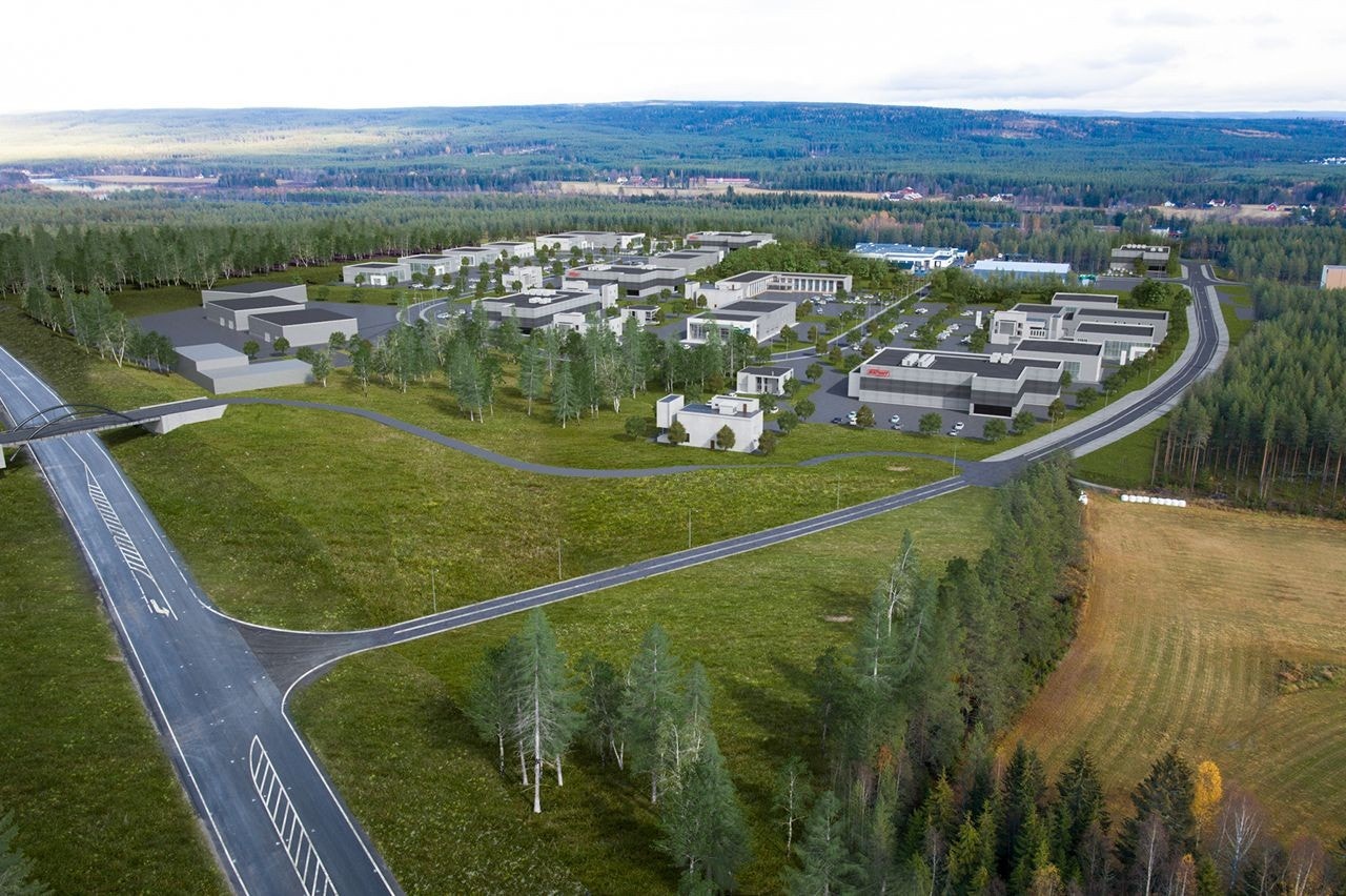 Fotomontasje med visualisering av Grundsetmoen næringspark sett fra sørvest over ny riksvegtrase. Galleribilde