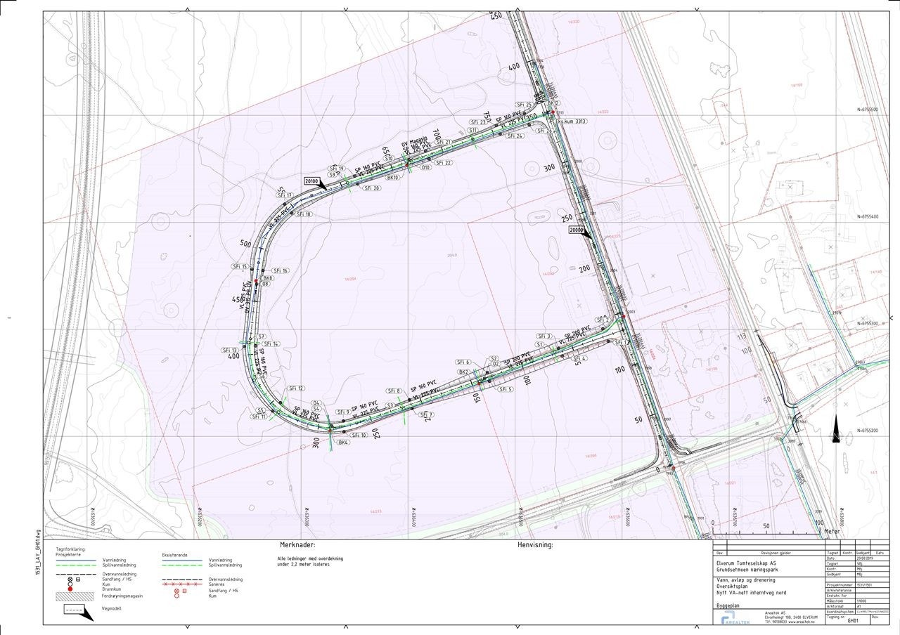 Kart over tilført infrastruktur for salgstrinn 1, med kommunal veg, vann, avløp, strøm, nett og fjernvarme Galleribilde