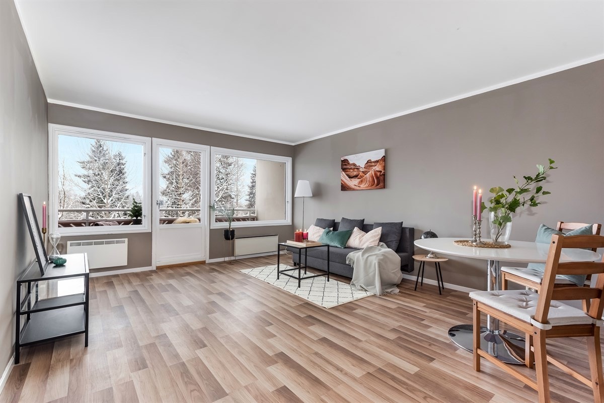 Det er god plass til en sofa med bord, samt en stor TV benk. God plass til spisestuen. Galleribilde