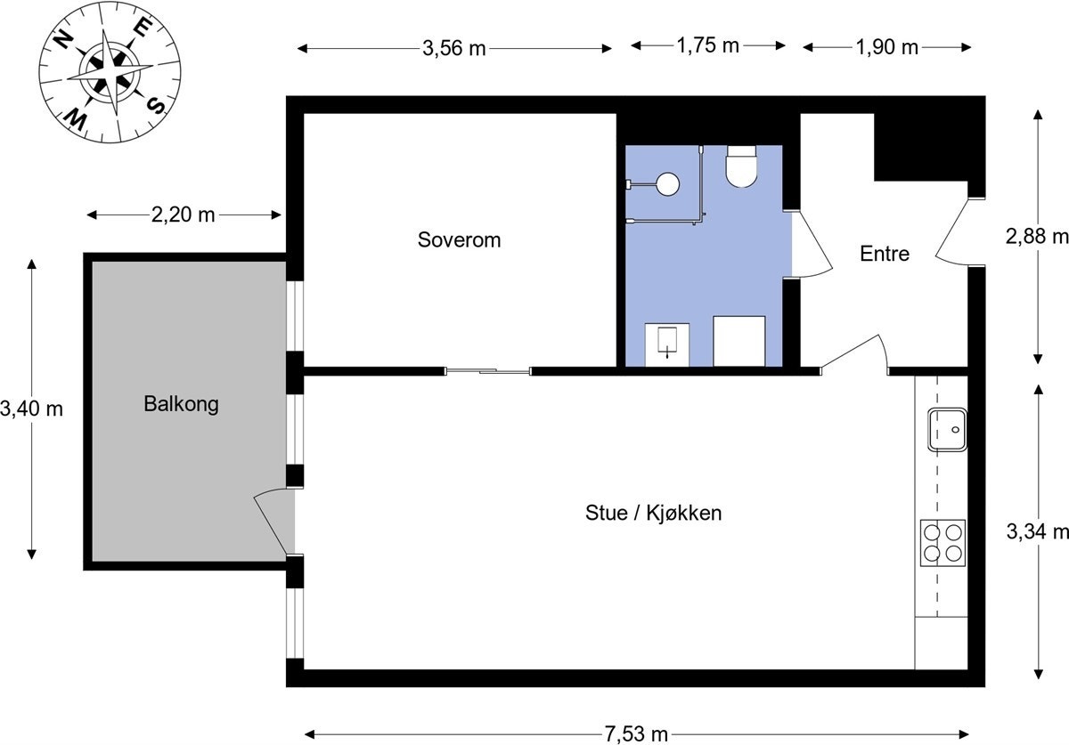 Først vil vi vise deg planskisse fra takstmann. Boligen består av entré, åpen stue -og kjøkkenløsning, bad, soverom og balkong. Galleribilde