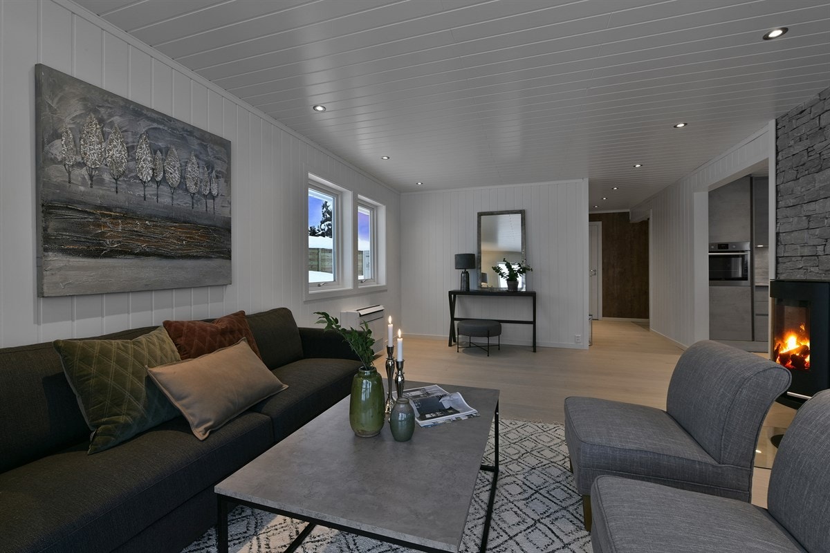 Svært tiltalende stue med peisovn. Galleribilde