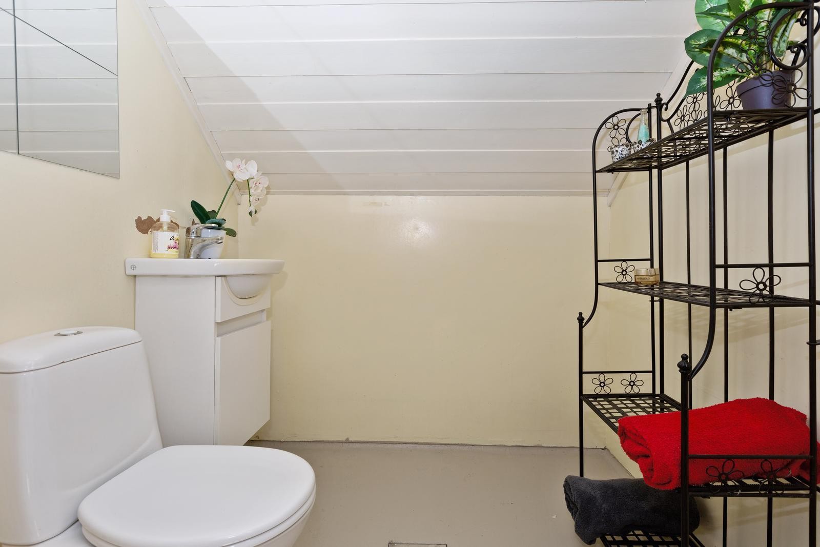 Loft: Toalettrommet har montert en servant med underskap og ett-greps blandebatteri og wc. Sluk på gulvet. Galleribilde