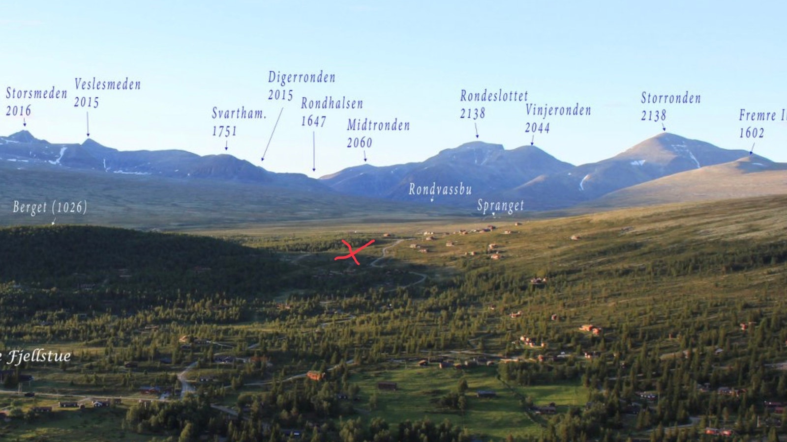 Rødt kryss= Maribu bak hytta alle toppene. kommer nesten ikke nærmere fjellene en dette. Like bak vernet sone og nasjonalpark Galleribilde