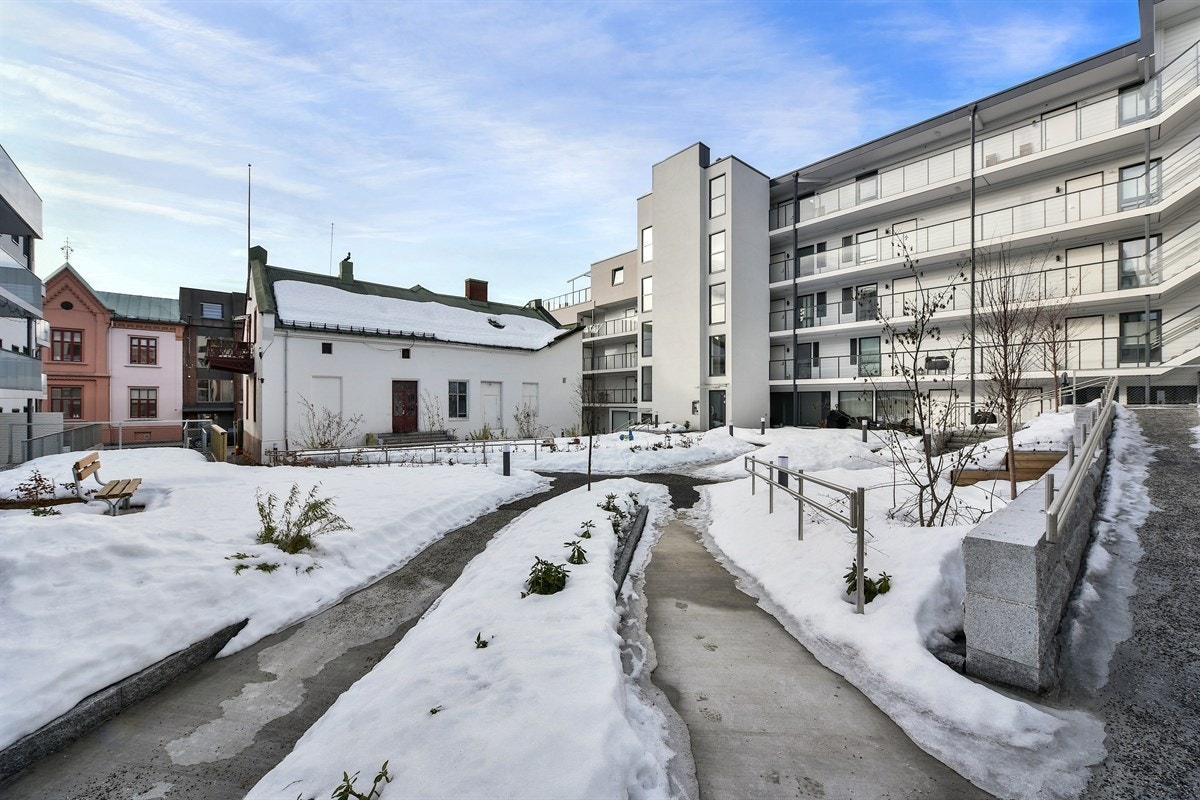 Leilighetene har også tilgang til en felles bakgård med bed, prydbusker, sittebenker og asfalterte gangveier. Galleribilde