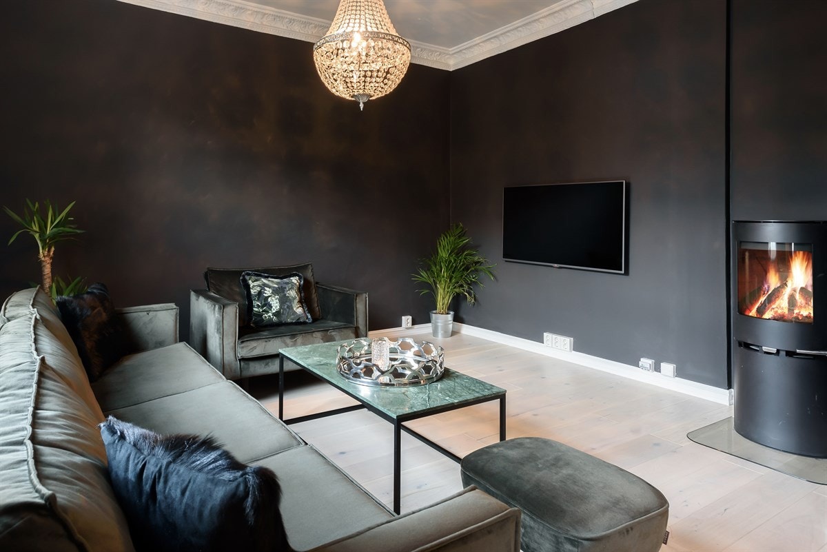 Dagens Tv-stue med god plass til sittegruppe rundt en nyere peisovn fra 2018. Galleribilde