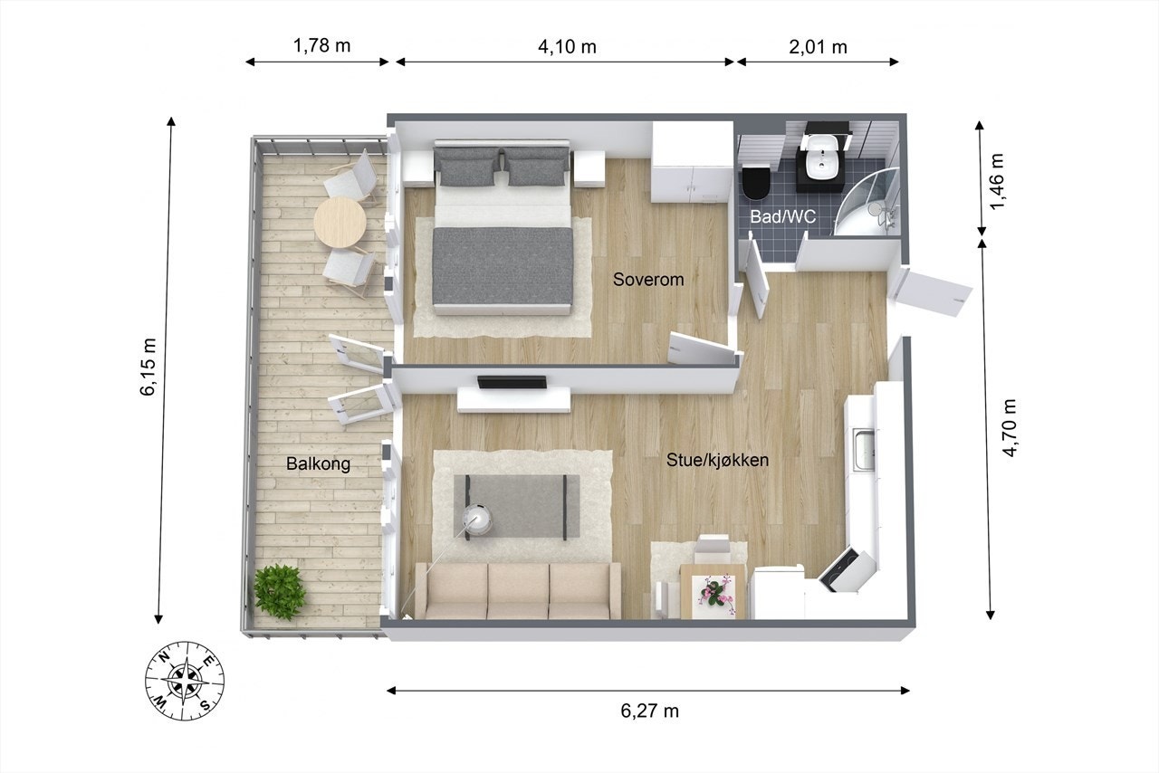 3D-plantegning m/metermål og kompass. Galleribilde