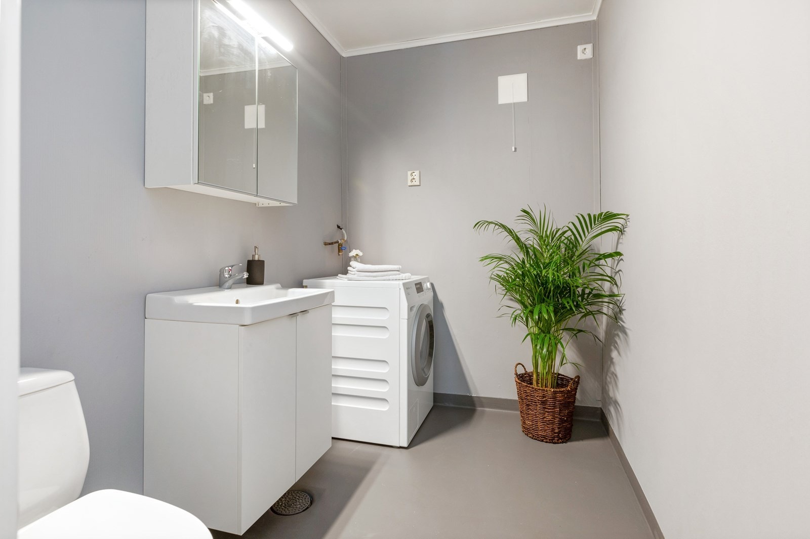 Nymalt vaskerom med ny innredning fra 2019, med opplegg til både vaskemaskin og wc. Galleribilde