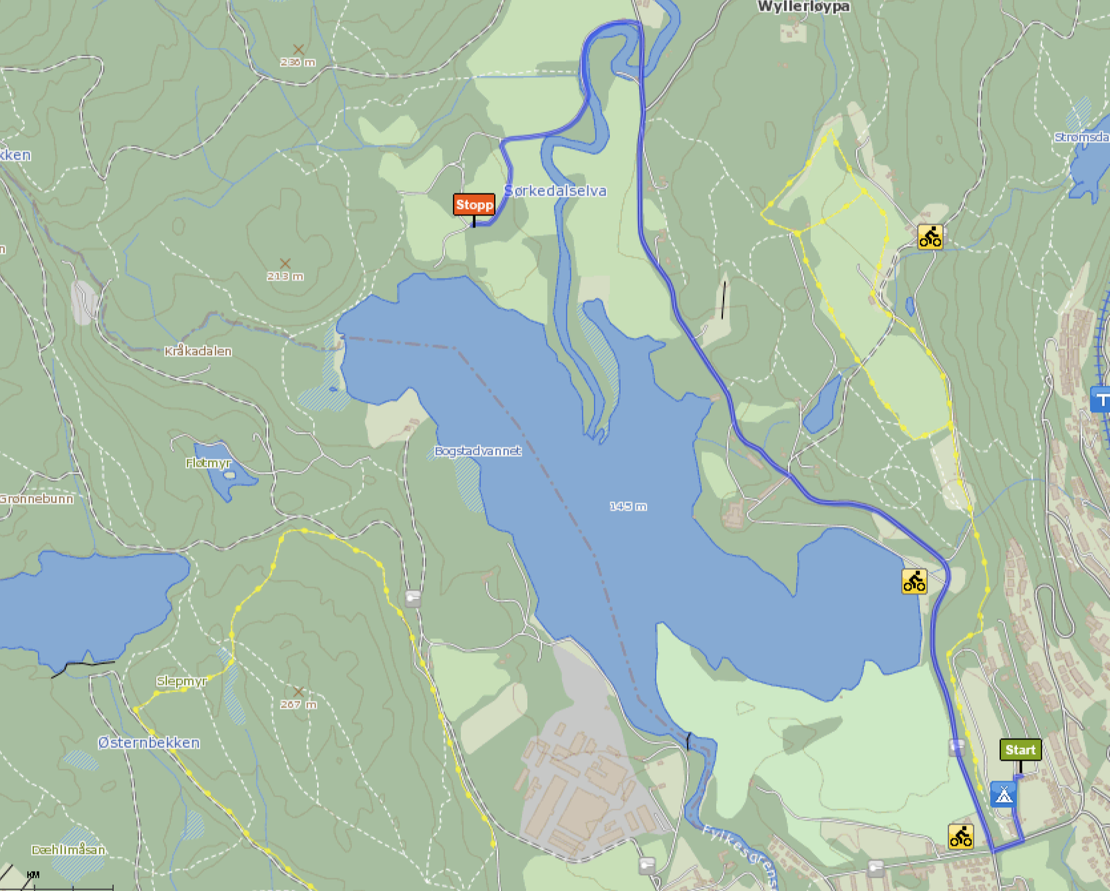 Søndre Tangen ligger i nordenden av Bogstadvannet hvor markert med Stopp: Galleribilde