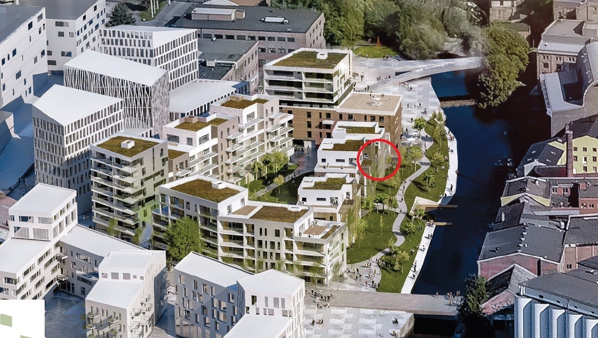 Oversiktsbilde Støperiet, rød ring viser leilighetens plassering. Galleribilde