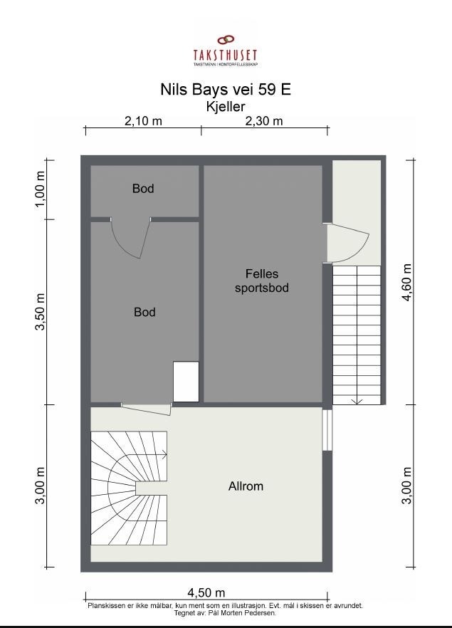 Planskisse over kjelleretasjen: 23 kvm BRA: kjellerstue og 2 boder. Felles sportsbod for rekken i deler av kjelleretasjen. Galleribilde