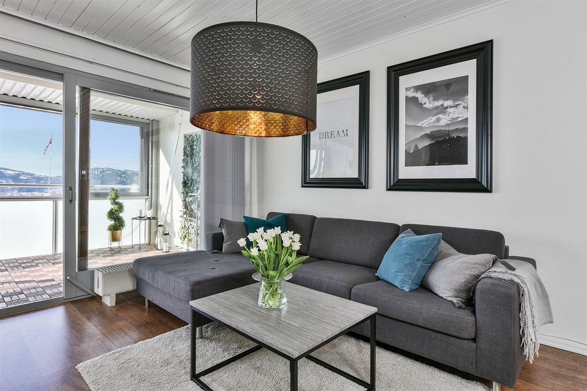 Stuen er lys og innbydende, og ligger i åpen løsning med kjøkkenet. Rommet har hvitmalte vegger, hvitt panel i himling og mørkt laminat på gulvet. Galleribilde