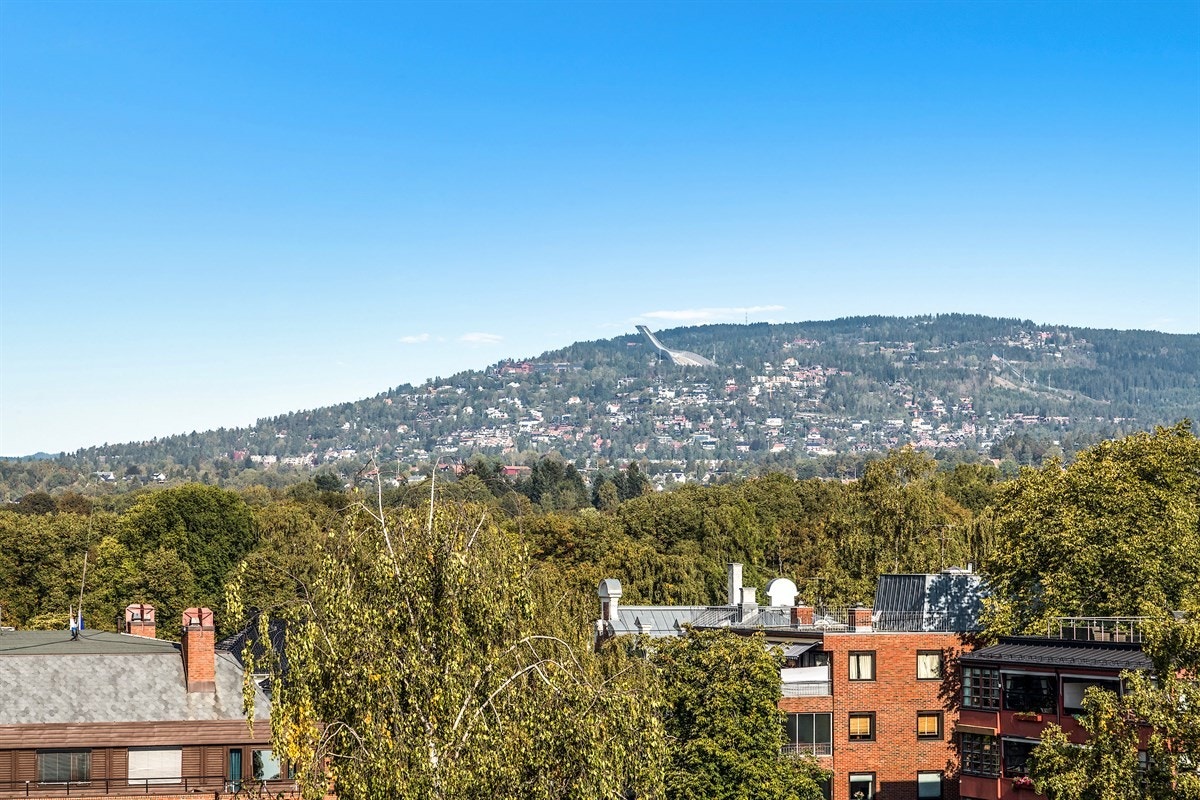 Flott utsikt til Holmenkollen, Vettakollen og grønne omgivelser. Galleribilde