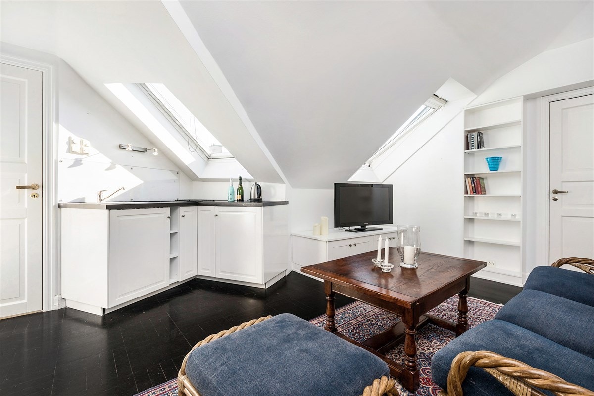 Hyggelig stue og kjøkken med takvinduer. Galleribilde