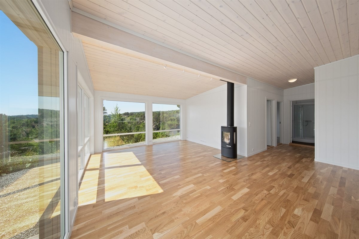 Store vindusflater i stuen gir godt med lys Galleribilde