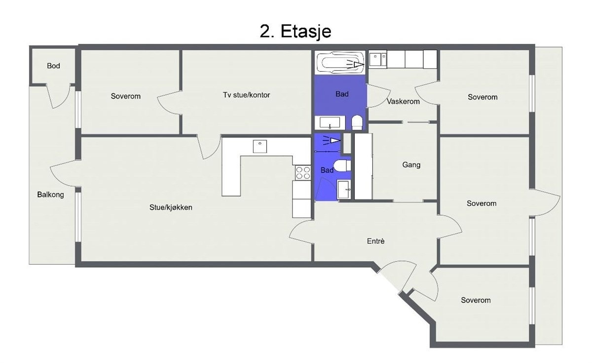 Innholder: entré, stue, kjøkken, tv-stue, 4 soverom, 2 bad og vaskerom. 2 balkonger, 1 med utebod. Galleribilde
