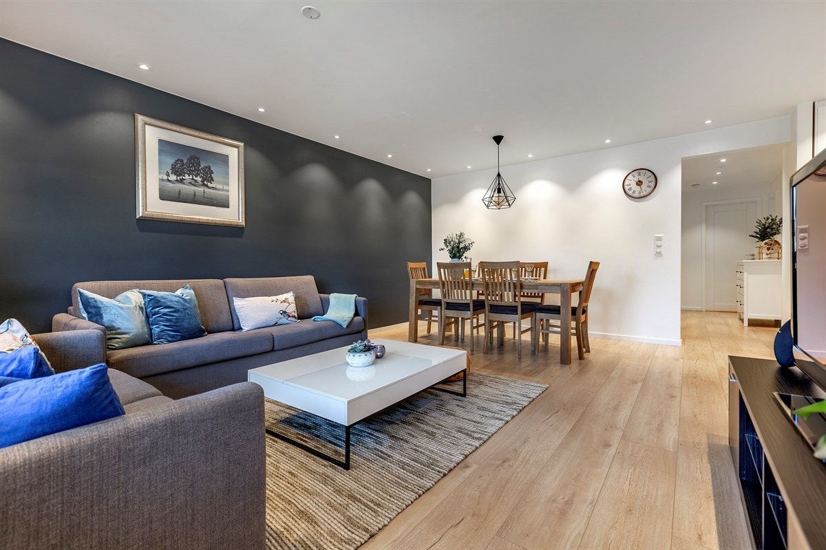 Delikat stue med entreen i bakgrunnen. Galleribilde