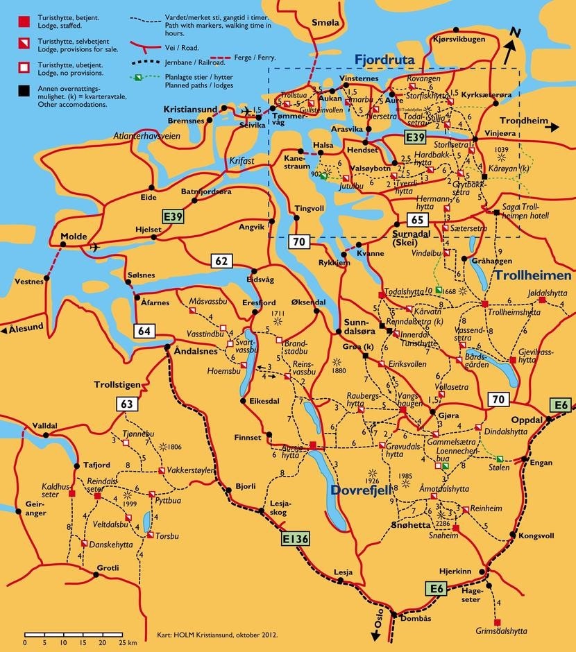 Kristiansund og Nordmøre har 1000 km med merkede løyper, blant annet Fjordruta som går over Tustna, inn i Aure og til Hemne, med 13 hytter. Galleribilde