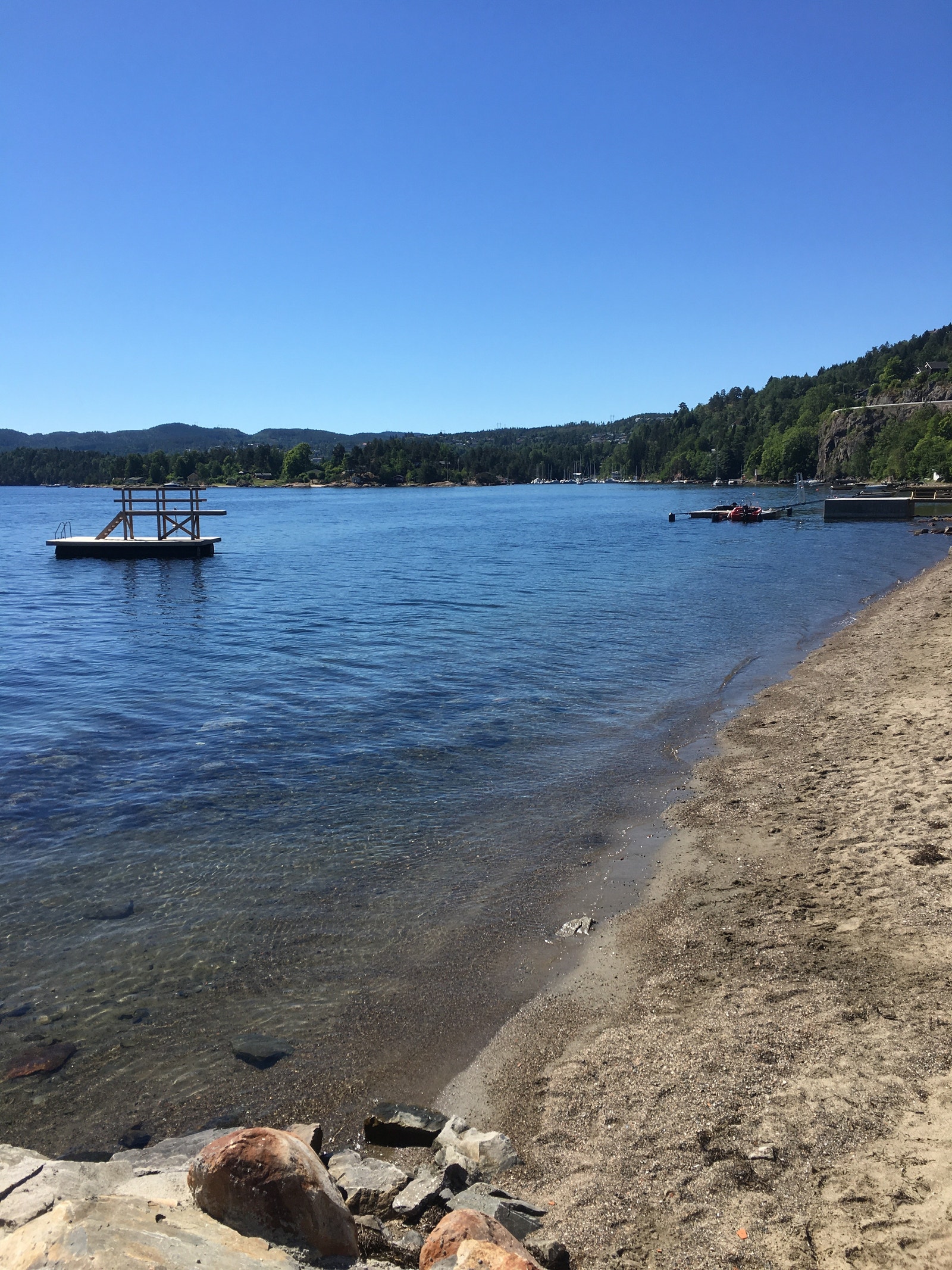 Stranden nedenfor huset, med badebrygge Galleribilde