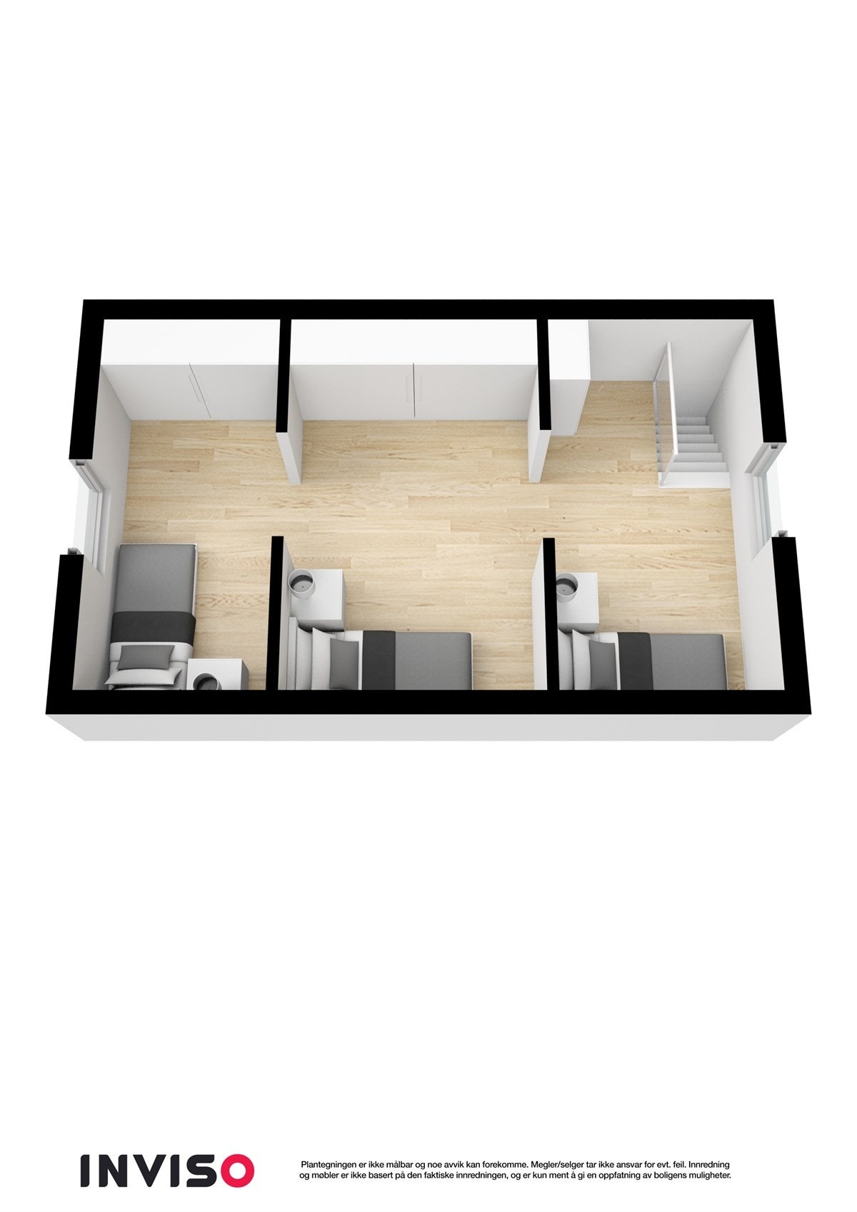 3 D plantegning av loftsetasjen. Dette er kun en illustrasjon og det er ikke plass til skap her pga.skråvegger Galleribilde