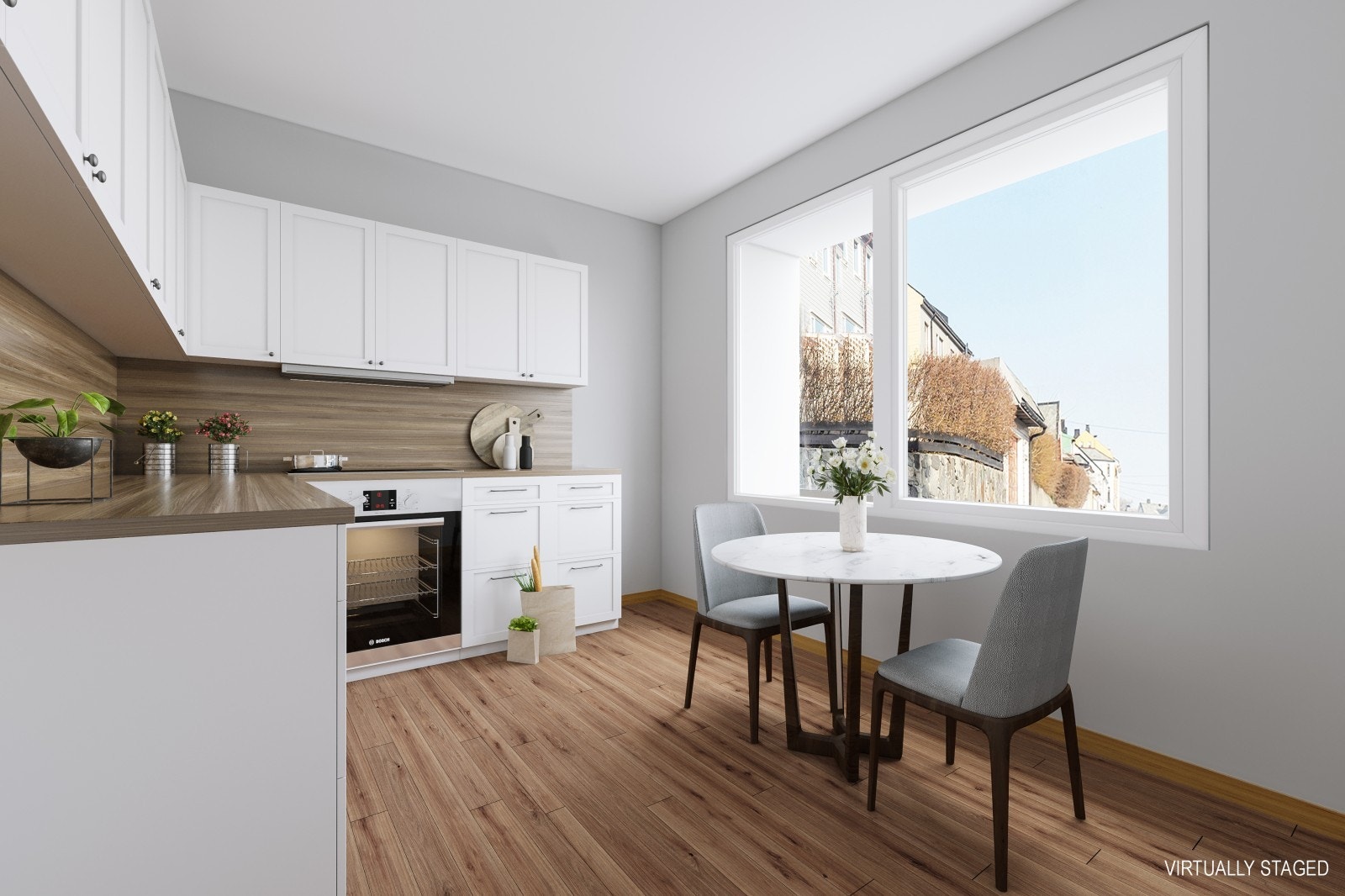 Kjøkken - Bildet er STYLET og OPPUSSET. Det stemmer ikke med slik leiligheten fremstår i dag. Galleribilde