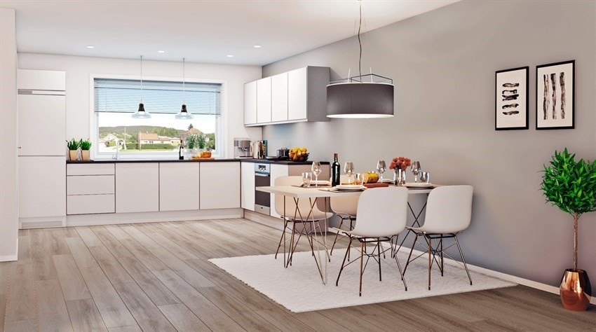 Kjøkken leveres i modell Rimini White. Moderne design med innfreste gripelister og et elegant og stilrent inntrykk..Det er gjort tilvalg på kjøkkenbenk, denne er i heltre naturoljet eik. Galleribilde