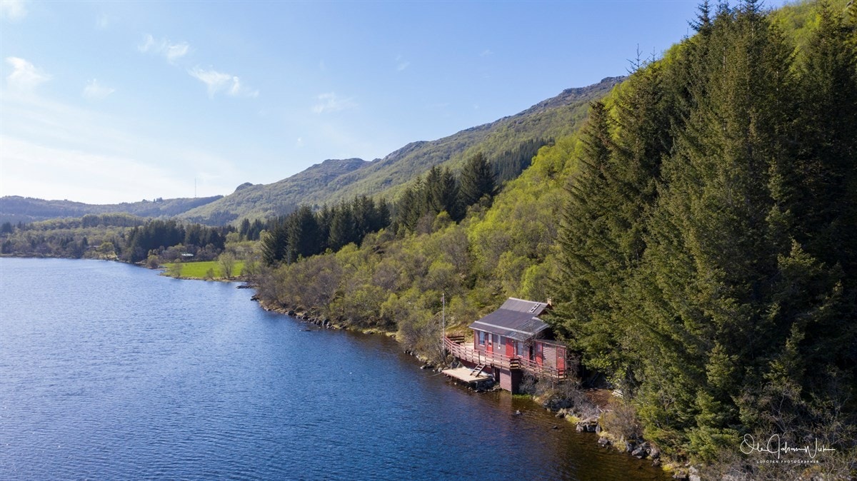 Hytten ligger for seg selv i vannkanten Galleribilde