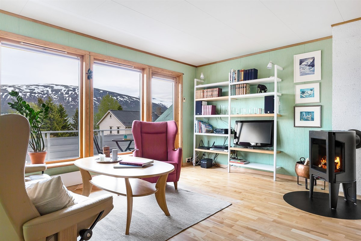 Stue med parkett på gulv og utgang til veranda