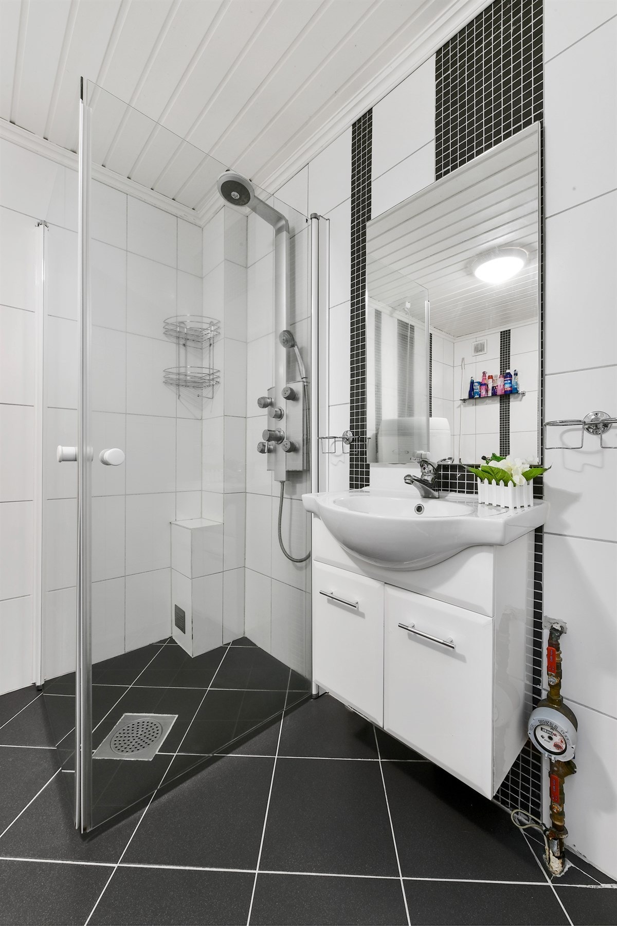 Det er opplegg for vaskemaskin og tørketrommel i søyle. Baderomsinnredningen har hvite, slette fronter, heldekkende servant og speil. Galleribilde