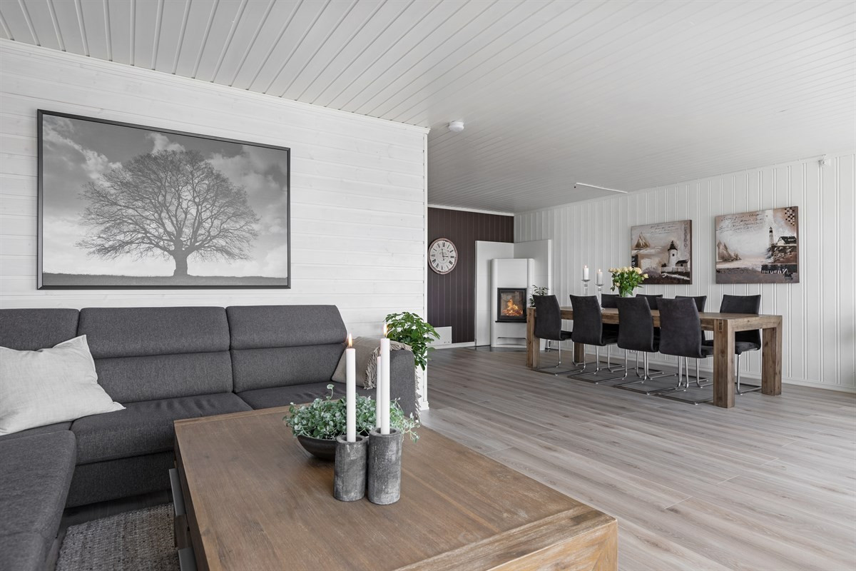 Romslig stue med plass til flere sitteområder