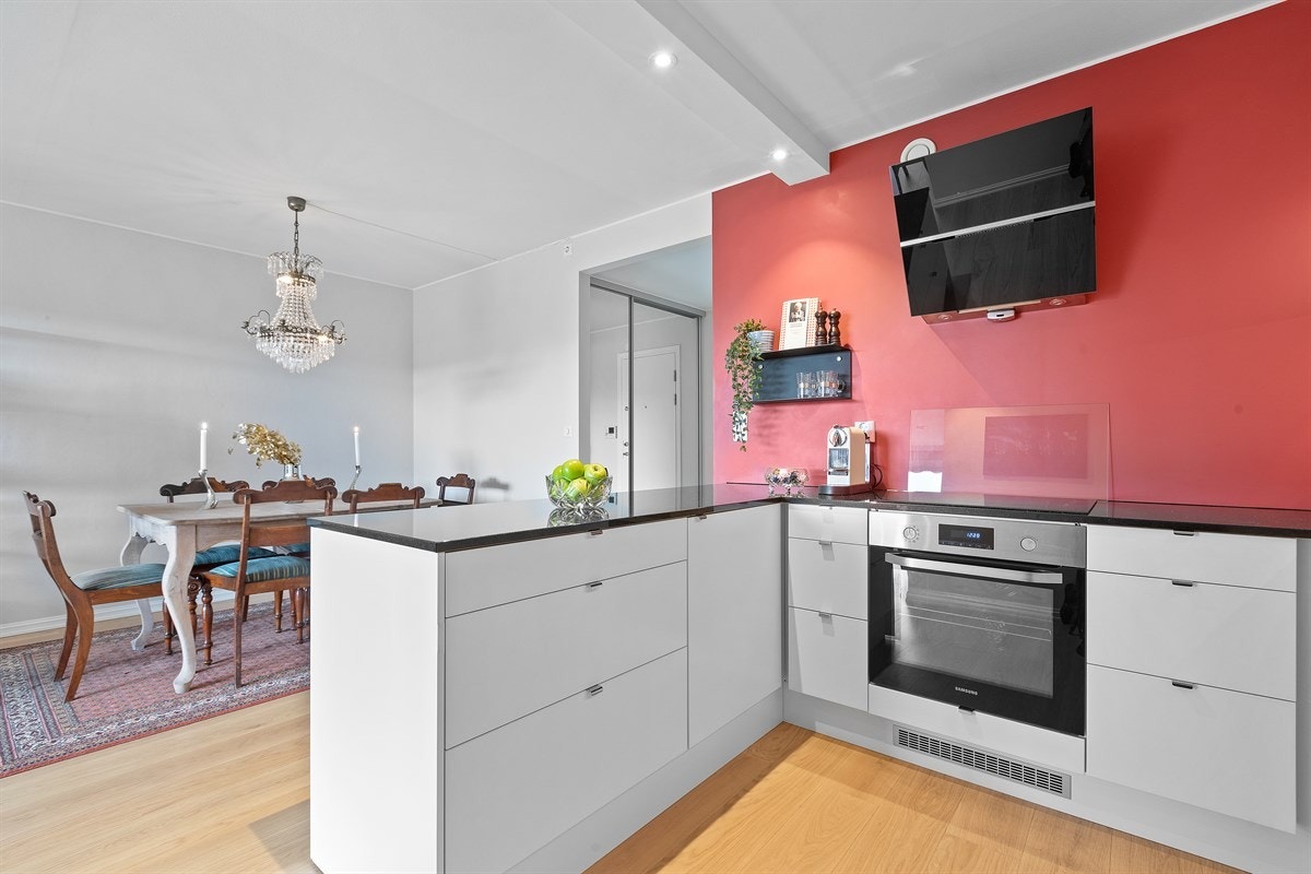 Integrerte hvitevarer som kjøl/fryseskap, oppvaskmaskin, induksjonstopp og ovn med pyrloyse. Galleribilde