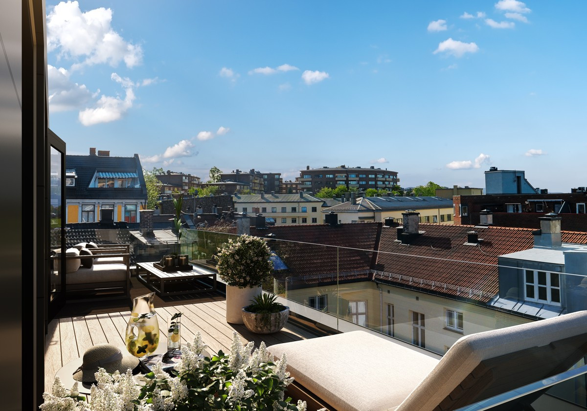 Ny, unik 4-roms penthouse o/2 plan m/hems. Heis og solrik privat takterrasse på 18 kvm. Mul. for kjøp/leie av garasjepl.
