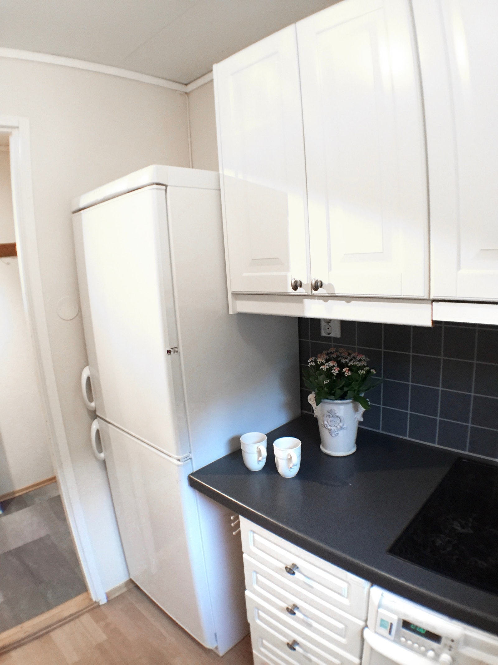 Kjøkken med frys/kjøleskap, komfyr og oppvaskmaskin Galleribilde