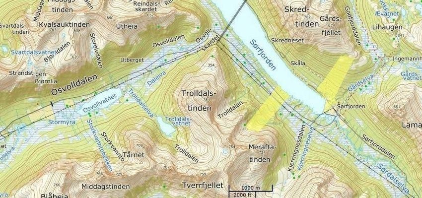 Kartutsnitt som viser deler av eiendommen markert i gult. Galleribilde