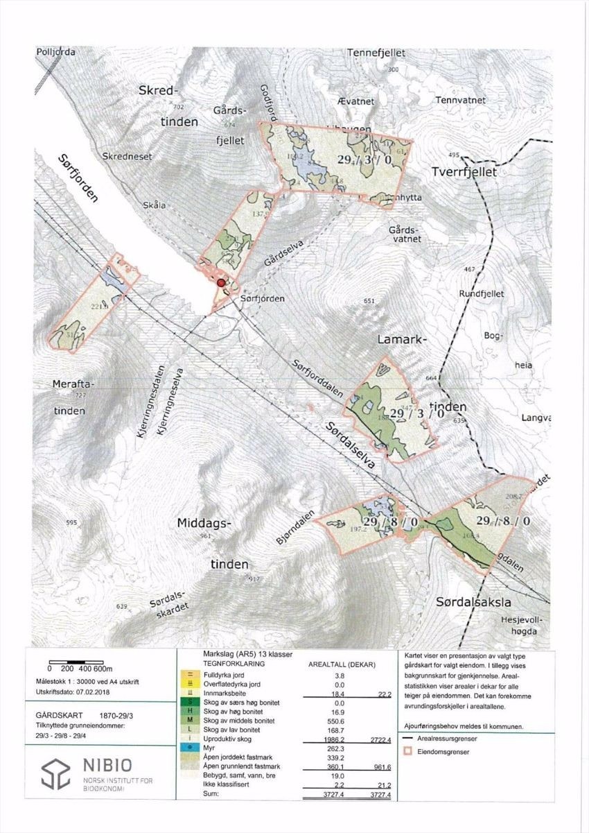 Oversikt over teigene på eiendommen. Bedre kart kan sees på seeiendom.no Galleribilde