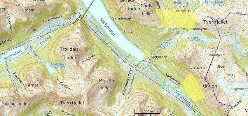 Kartutsnitt som viser deler av eiendommen markert i gult. Galleribilde
