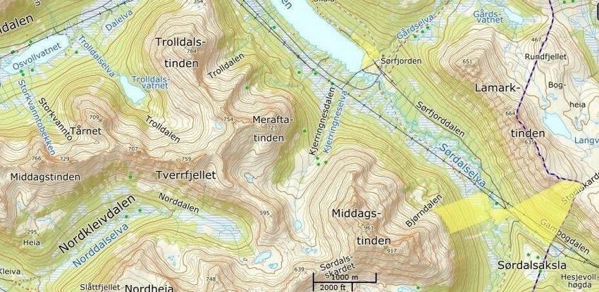 Kartutsnitt som viser deler av eiendommen markert i gult. Galleribilde