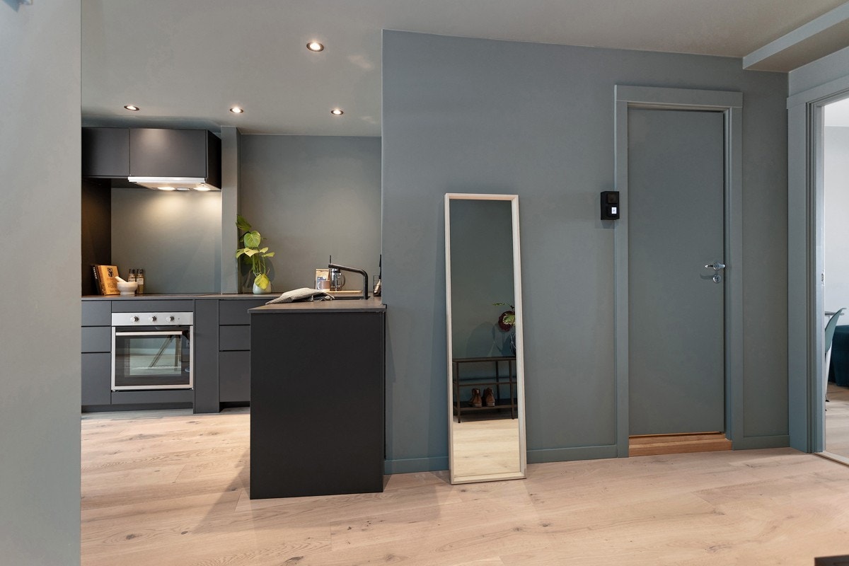 Meget romslig entre med en-stavs hvitoljet eiekparkett, helsparklet og malte vegger. Galleribilde