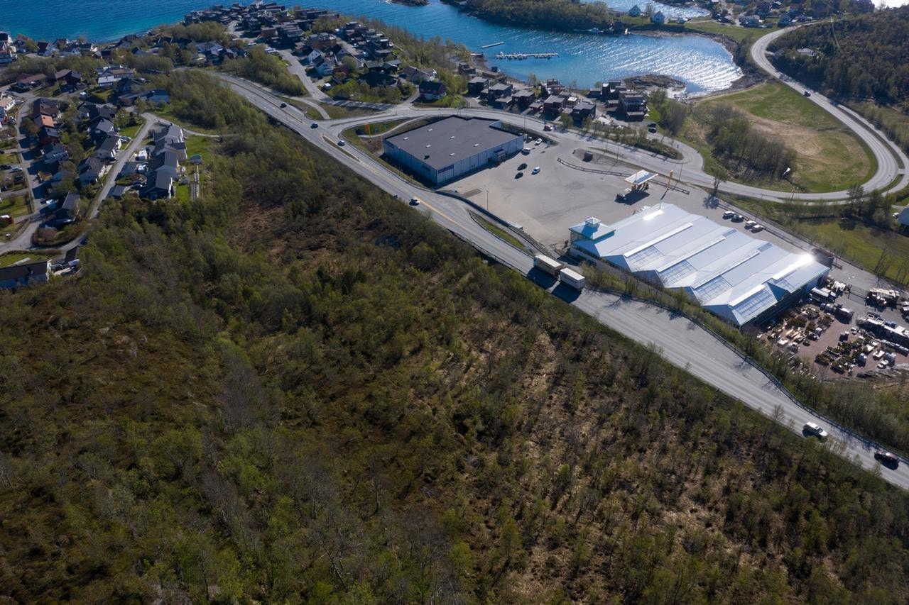 Plantasjen, Rema 1000 og en bensinstasjon er etablert like på nedsiden av vegen. Galleribilde