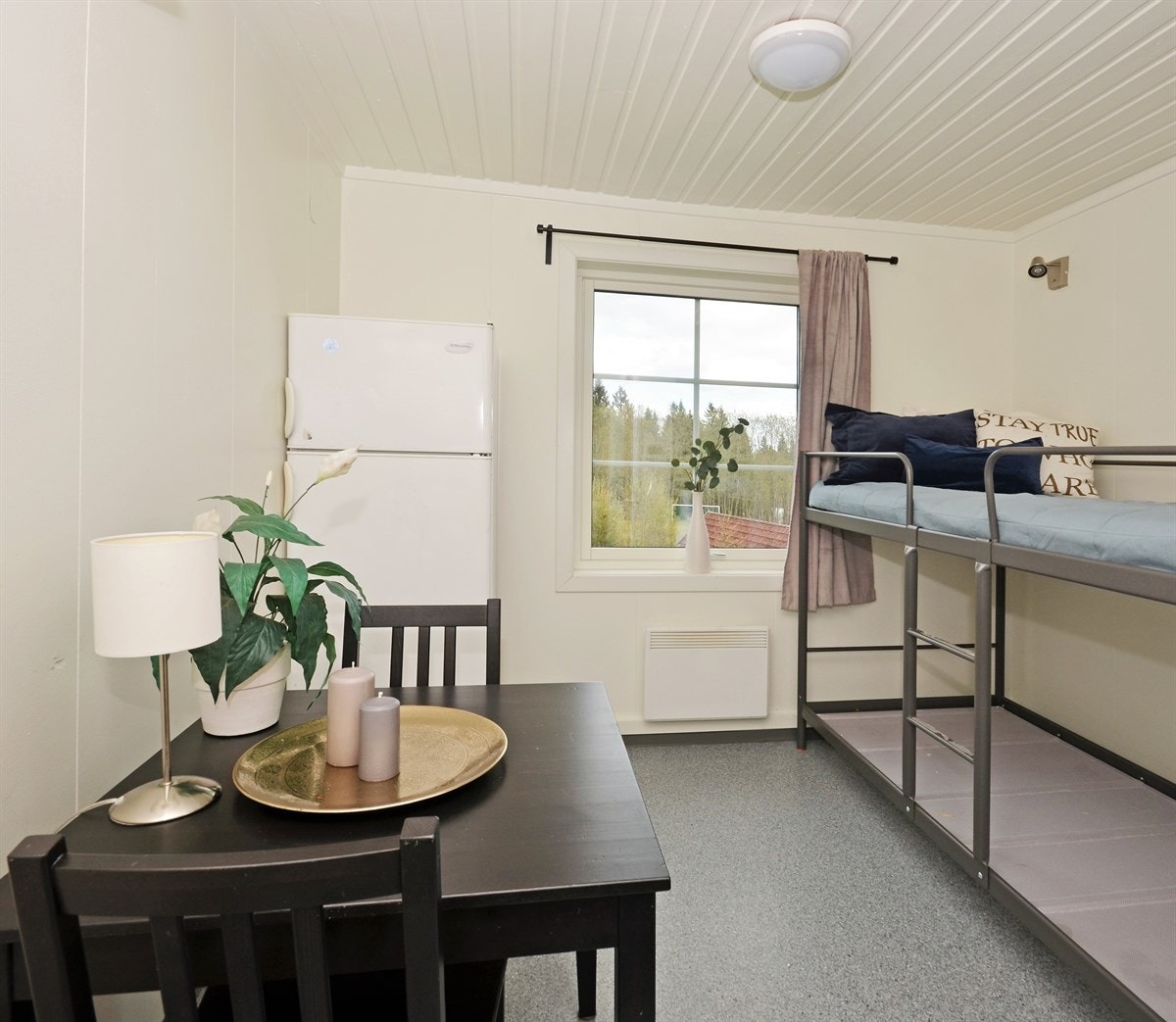 Fra 2-mannsrom. God plass til køyeseng, spiseplass, og kjøleskap. Galleribilde